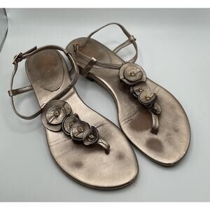 Cole Haan Sandals Womens 7.5B Beige‎ Tan Leather Flowers Flats Slingback Strappy